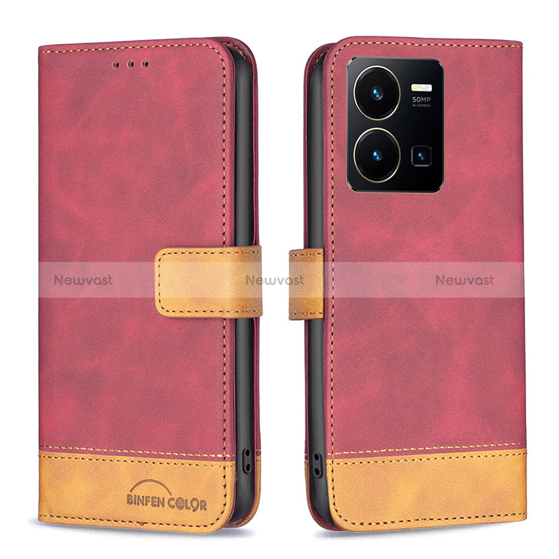 Leather Case Stands Flip Cover Holder B02F for Vivo Y35 4G Red