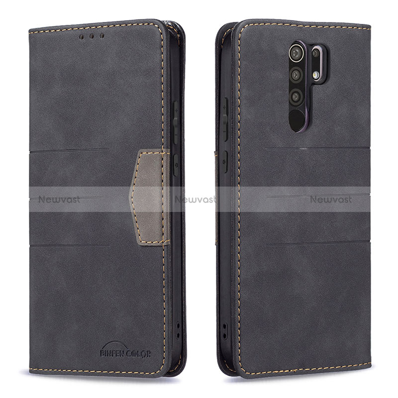 Leather Case Stands Flip Cover Holder B02F for Xiaomi Redmi 9 Black