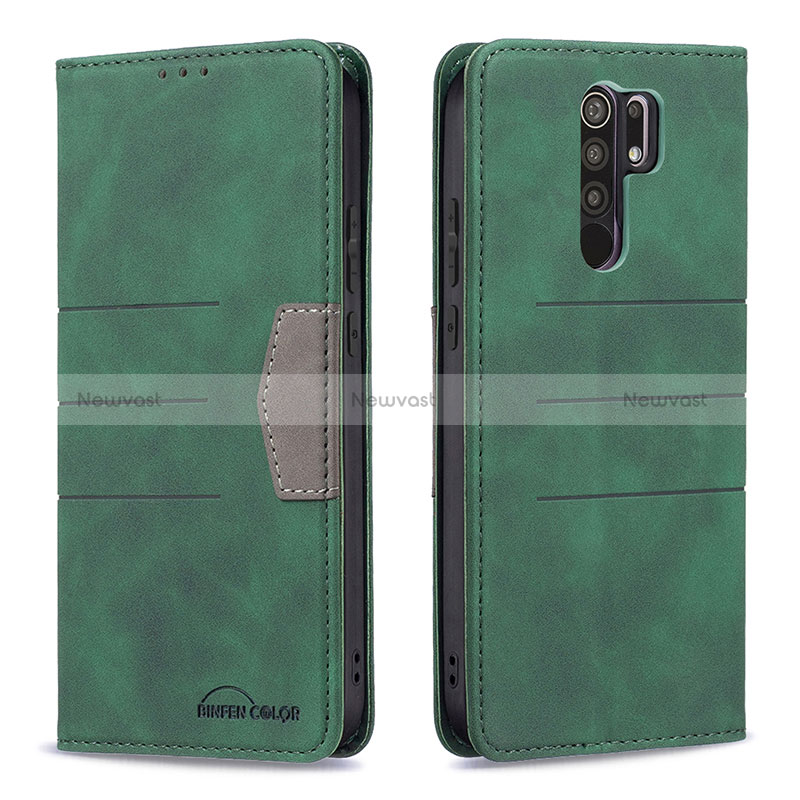 Leather Case Stands Flip Cover Holder B02F for Xiaomi Redmi 9 Prime India Green
