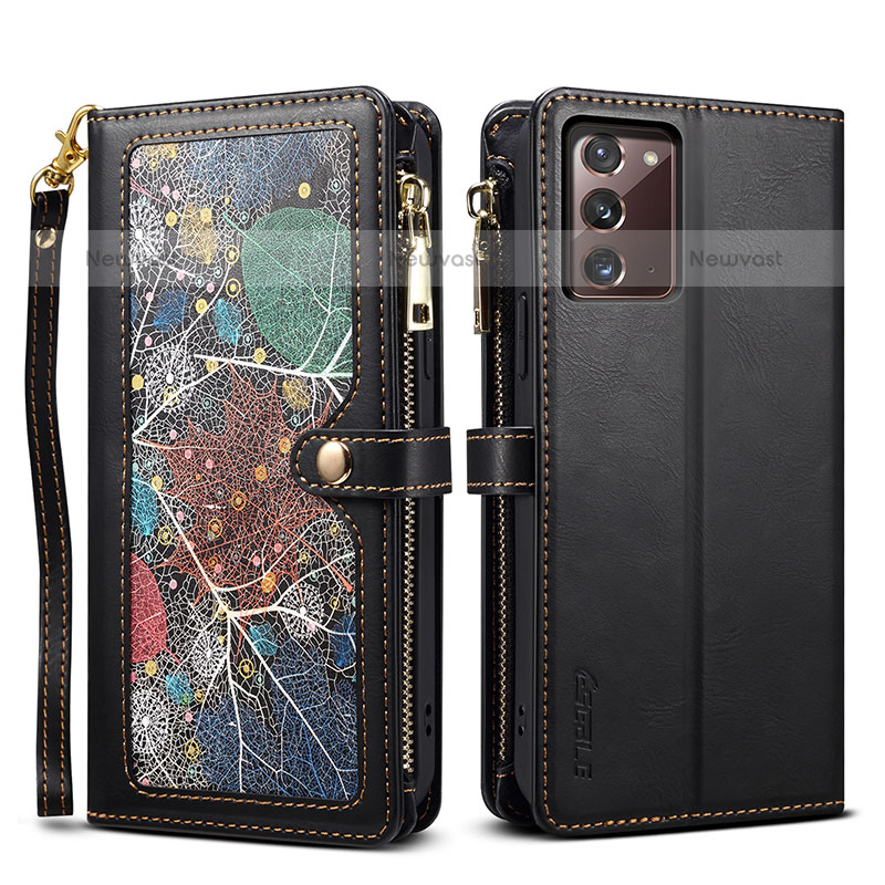 Leather Case Stands Flip Cover Holder B02S for Samsung Galaxy Note 20 5G Black