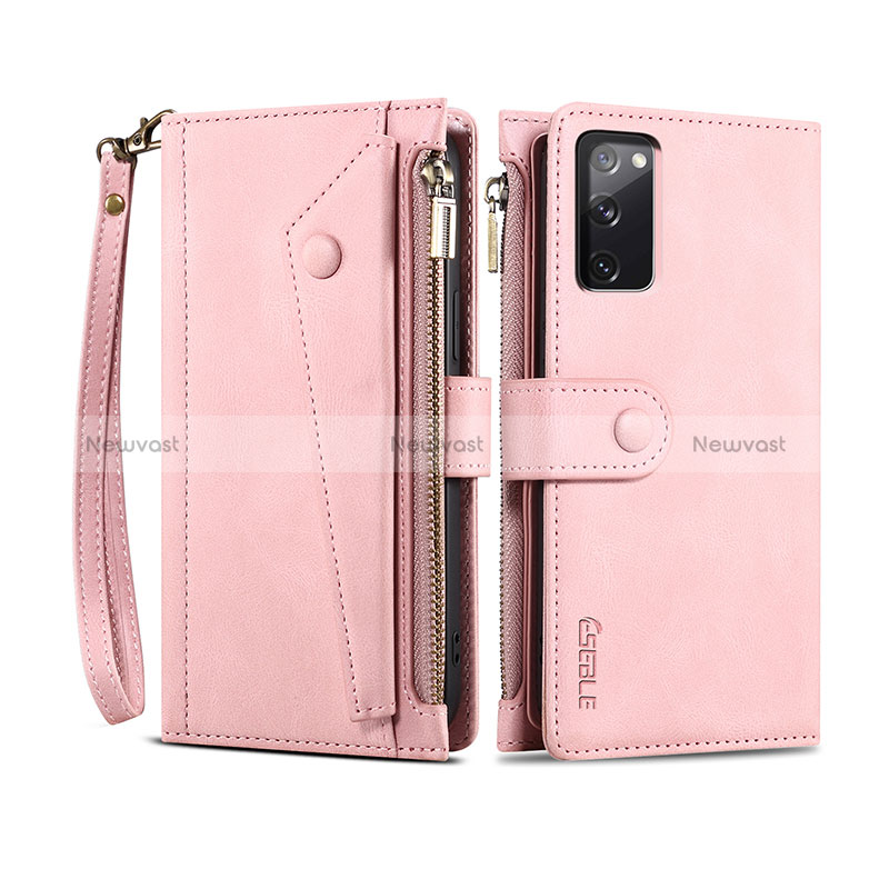 Leather Case Stands Flip Cover Holder B02S for Samsung Galaxy S20 FE 5G Rose Gold