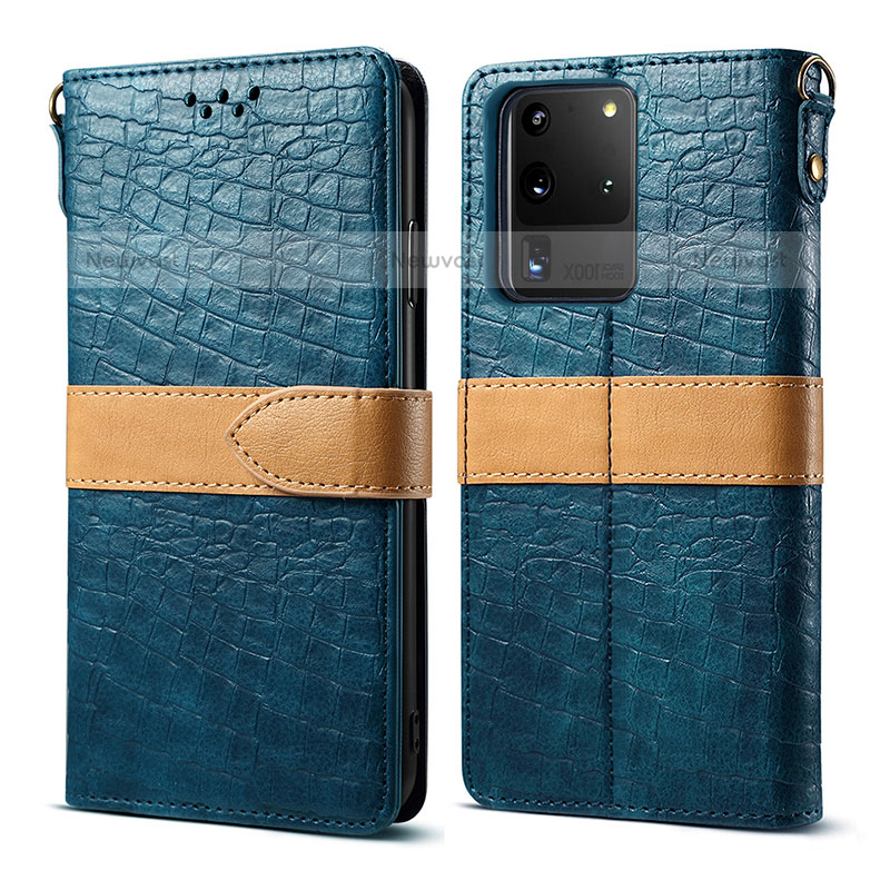 Leather Case Stands Flip Cover Holder B02S for Samsung Galaxy S20 Ultra 5G Blue