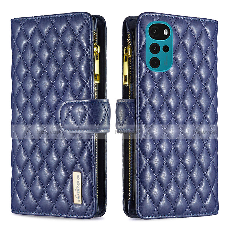 Leather Case Stands Flip Cover Holder B03F for Motorola Moto G22 Blue