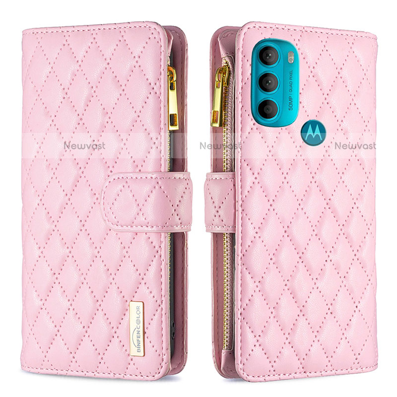 Leather Case Stands Flip Cover Holder B03F for Motorola Moto G71 5G Pink