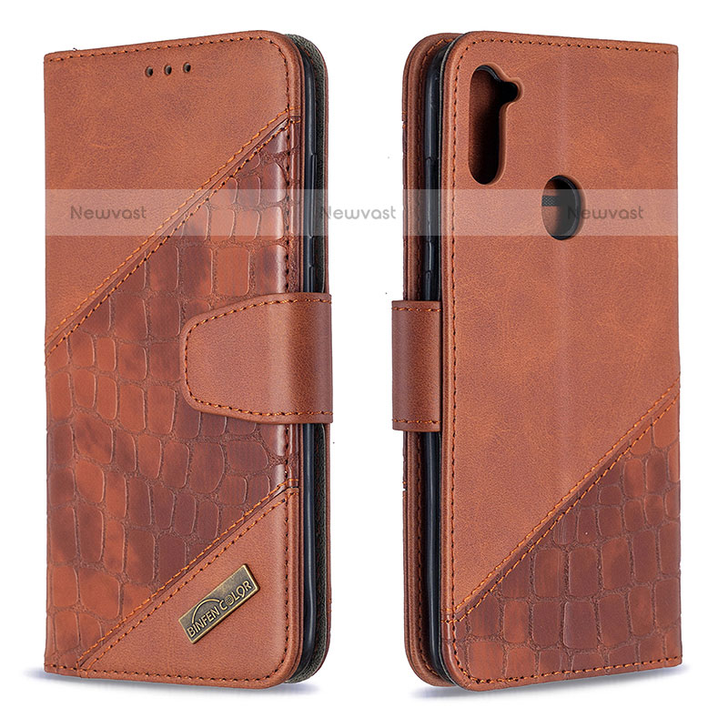 Leather Case Stands Flip Cover Holder B03F for Samsung Galaxy M11 Brown