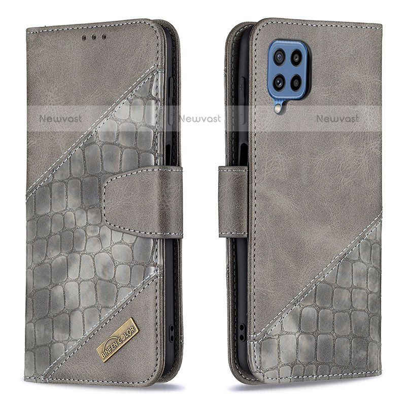 Leather Case Stands Flip Cover Holder B03F for Samsung Galaxy M32 4G Dark Gray