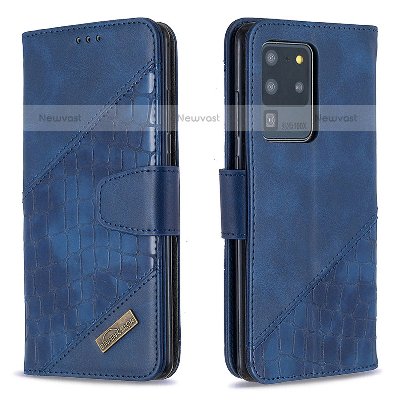 Leather Case Stands Flip Cover Holder B03F for Samsung Galaxy S20 Ultra 5G Blue