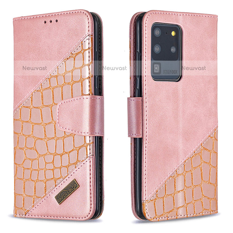 Leather Case Stands Flip Cover Holder B03F for Samsung Galaxy S20 Ultra 5G Rose Gold
