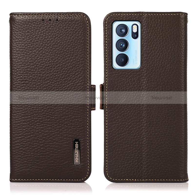 Leather Case Stands Flip Cover Holder B03H for Oppo Reno6 Pro 5G India Brown