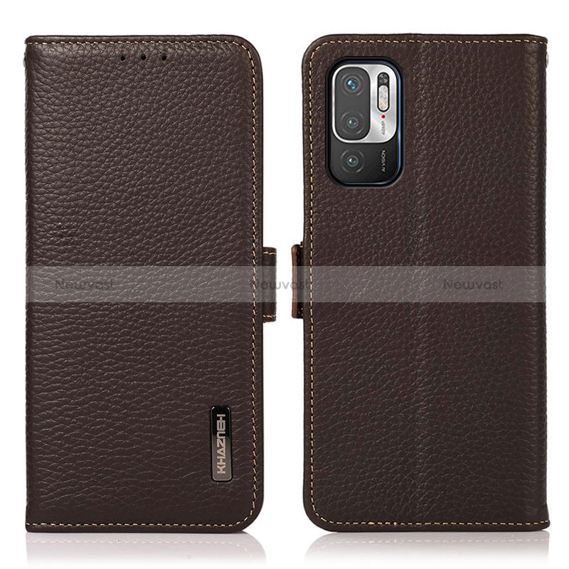 Leather Case Stands Flip Cover Holder B03H for Xiaomi Redmi Note 10 5G Brown