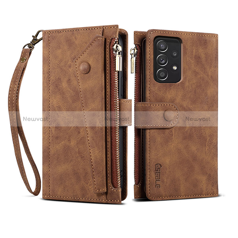 Leather Case Stands Flip Cover Holder B03S for Samsung Galaxy A52 5G Brown