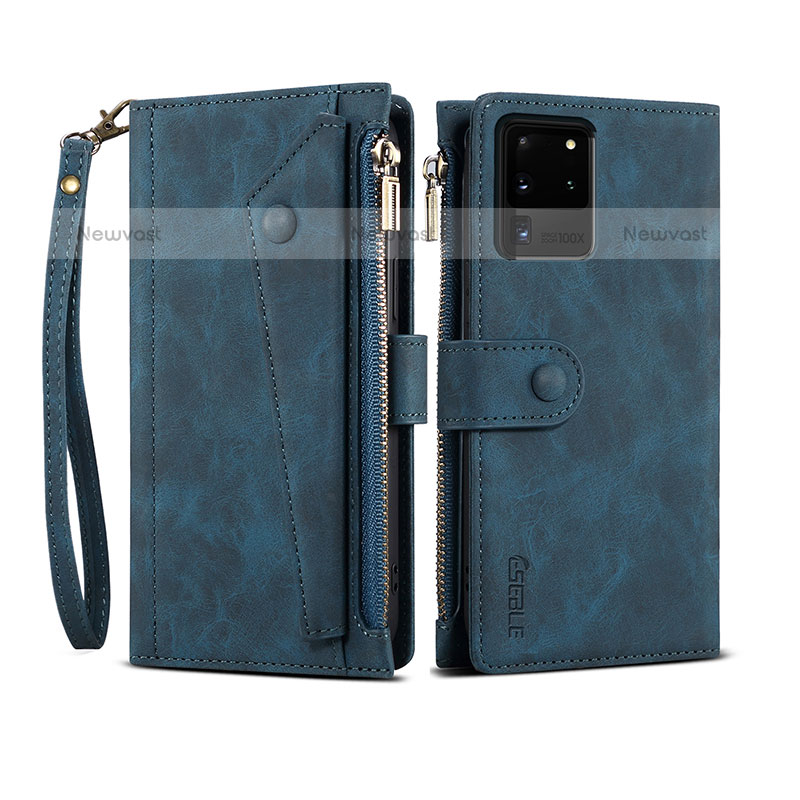 Leather Case Stands Flip Cover Holder B03S for Samsung Galaxy S20 Ultra 5G Blue