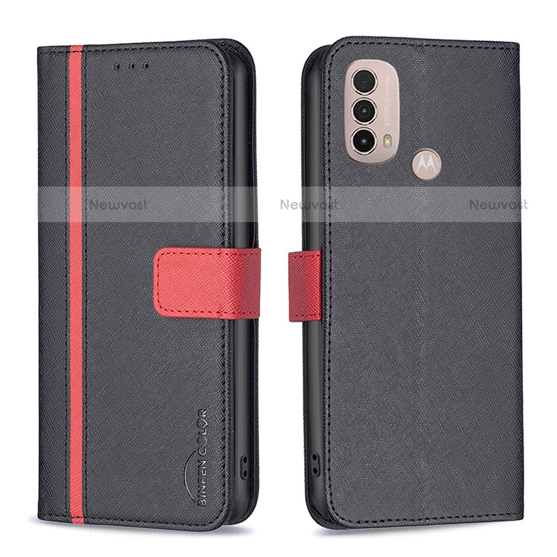 Leather Case Stands Flip Cover Holder B04F for Motorola Moto E20 Black