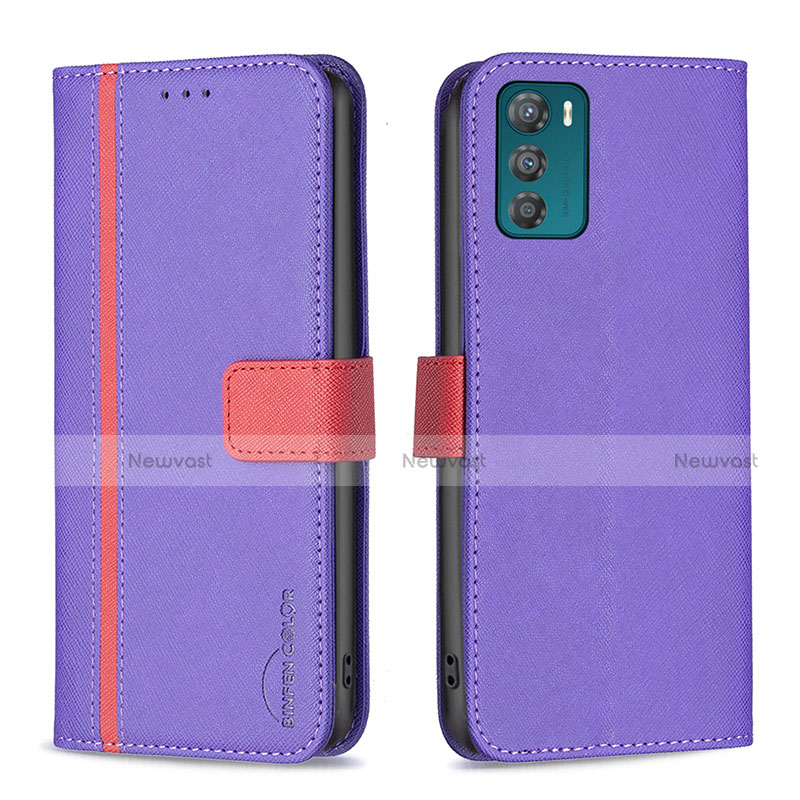 Leather Case Stands Flip Cover Holder B04F for Motorola Moto G42 Purple