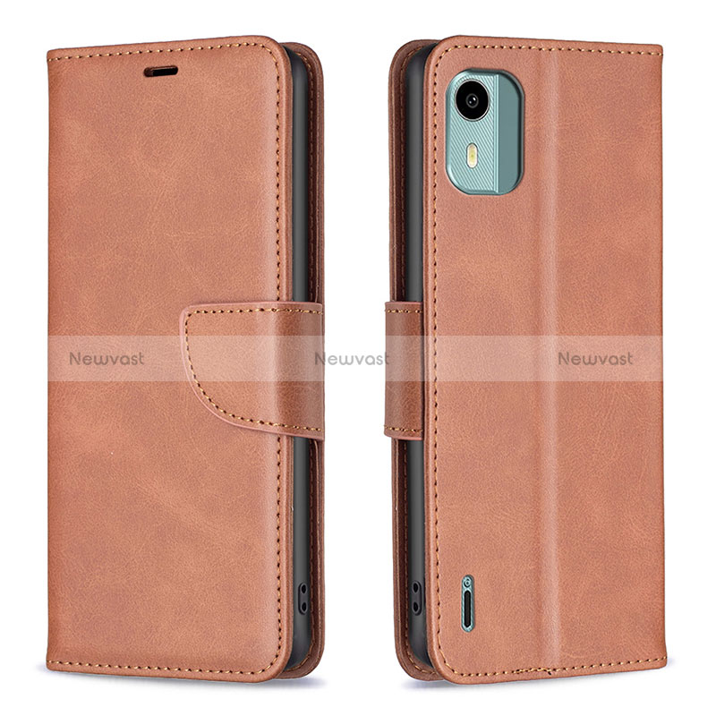 Leather Case Stands Flip Cover Holder B04F for Nokia C12 Brown