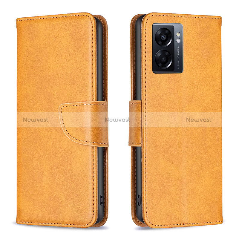 Leather Case Stands Flip Cover Holder B04F for Oppo A56S 5G Light Brown