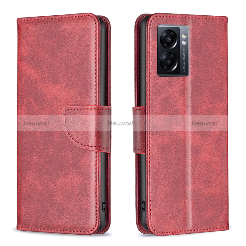 Leather Case Stands Flip Cover Holder B04F for Oppo A56S 5G Red