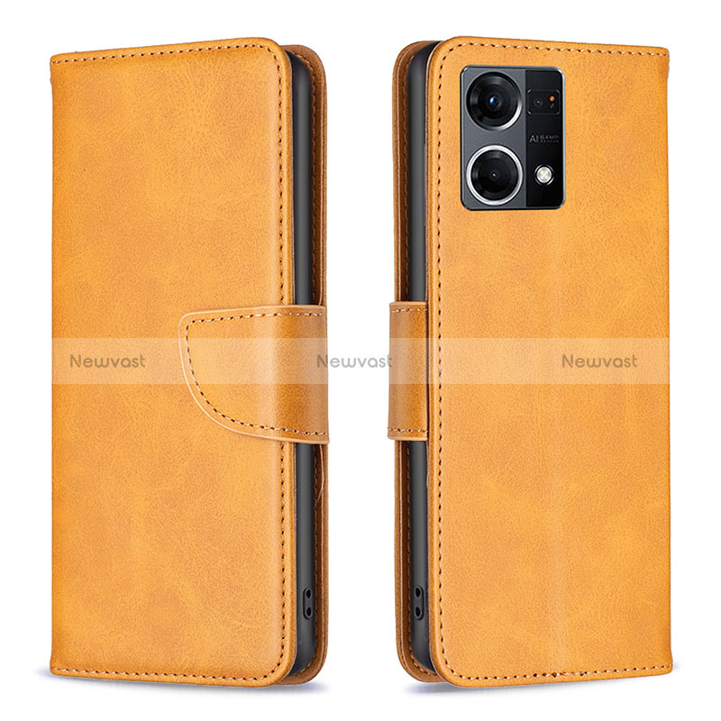 Leather Case Stands Flip Cover Holder B04F for Oppo Reno7 4G Light Brown