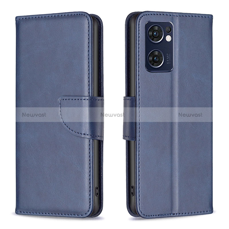 Leather Case Stands Flip Cover Holder B04F for Oppo Reno7 5G Blue