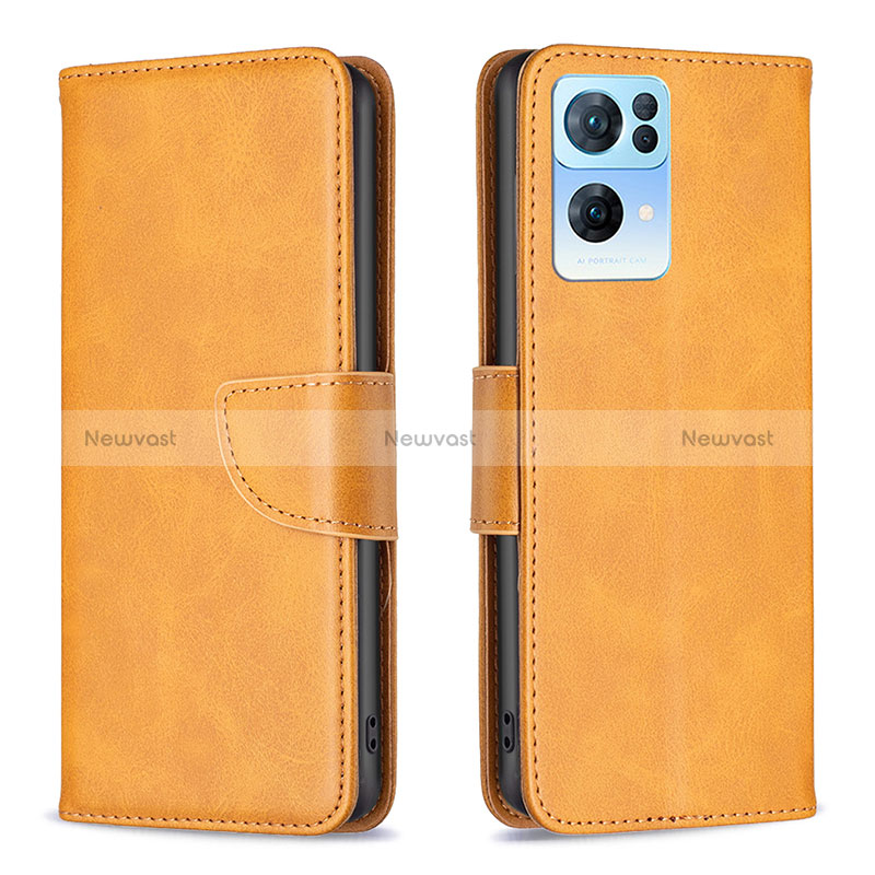 Leather Case Stands Flip Cover Holder B04F for Oppo Reno7 Pro 5G Light Brown