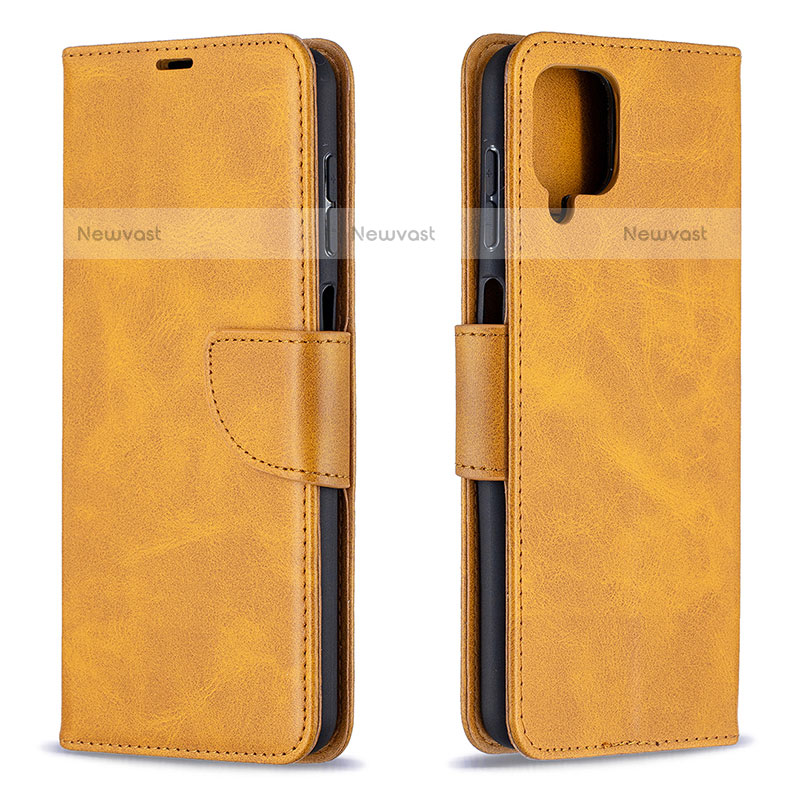 Leather Case Stands Flip Cover Holder B04F for Samsung Galaxy A12 Light Brown