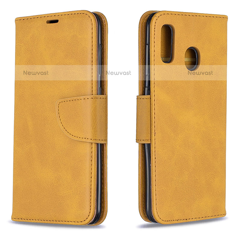 Leather Case Stands Flip Cover Holder B04F for Samsung Galaxy A20 Light Brown