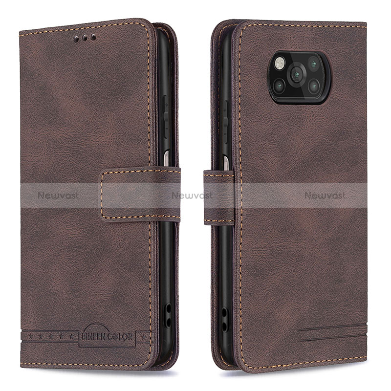Leather Case Stands Flip Cover Holder B05F for Xiaomi Poco X3 NFC Brown
