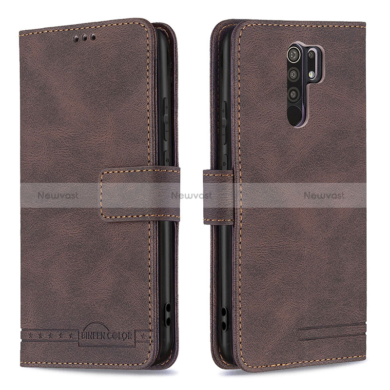 Leather Case Stands Flip Cover Holder B05F for Xiaomi Redmi 9 Brown