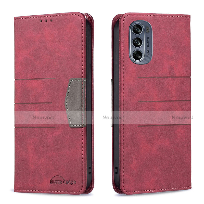 Leather Case Stands Flip Cover Holder B06F for Motorola Moto G62 5G Red