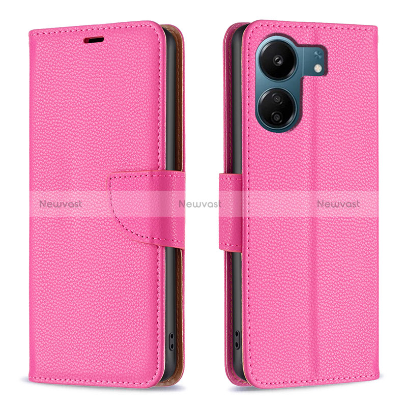 Leather Case Stands Flip Cover Holder B06F for Xiaomi Redmi 13C Hot Pink