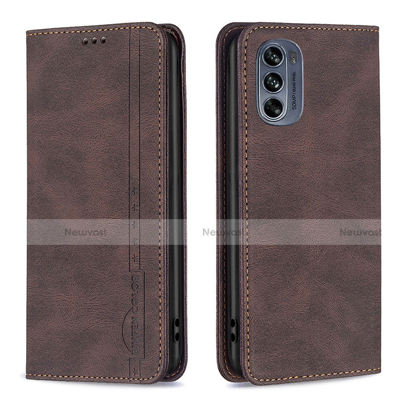 Leather Case Stands Flip Cover Holder B07F for Motorola Moto G62 5G Brown