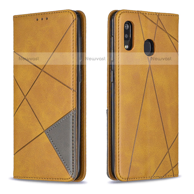 Leather Case Stands Flip Cover Holder B07F for Samsung Galaxy A20 Light Brown