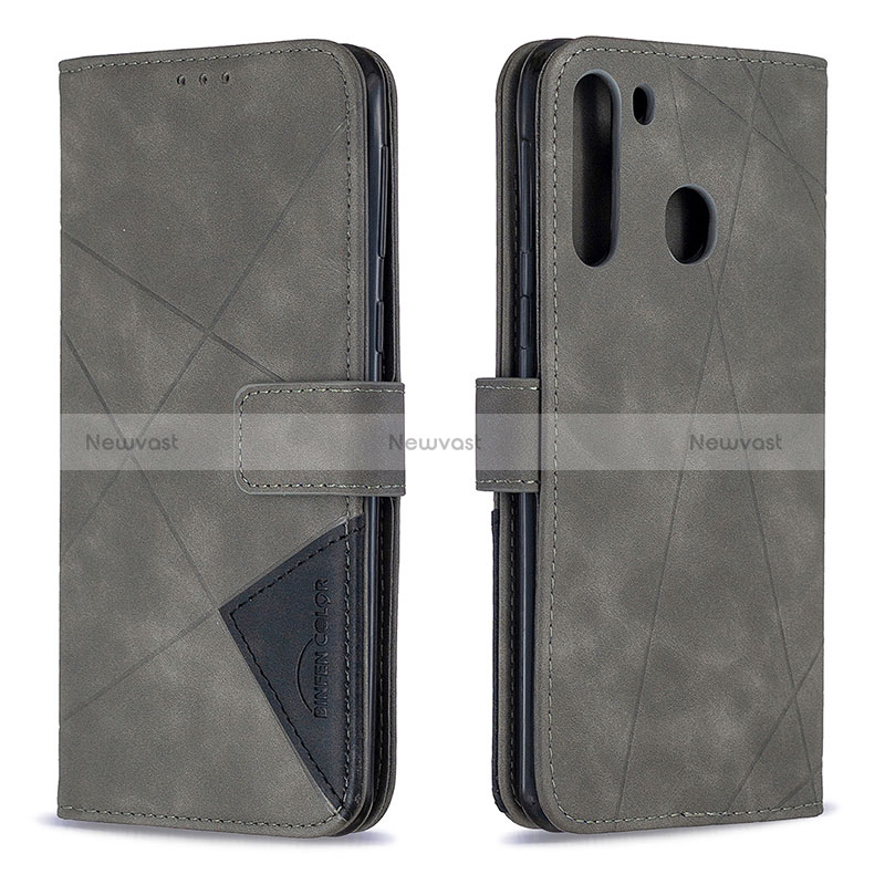 Leather Case Stands Flip Cover Holder B08F for Samsung Galaxy A21 Gray