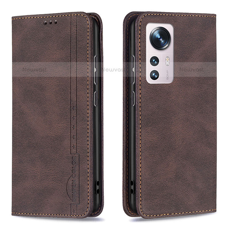 Leather Case Stands Flip Cover Holder B09F for Xiaomi Mi 12X 5G Brown