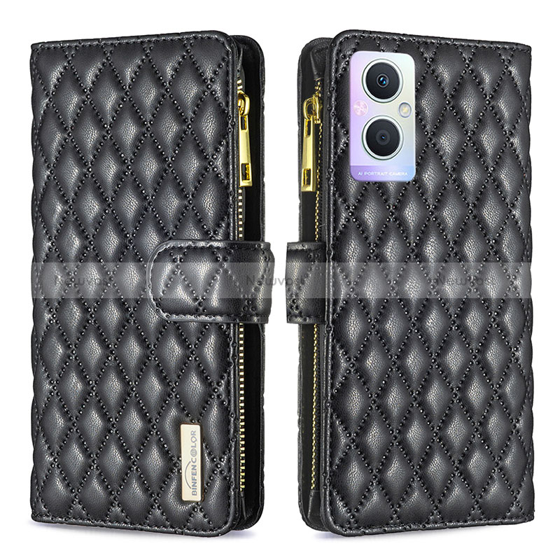 Leather Case Stands Flip Cover Holder B12F for Oppo Reno8 Lite 5G Black