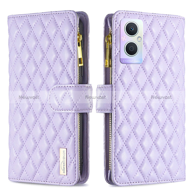 Leather Case Stands Flip Cover Holder B12F for Oppo Reno8 Lite 5G Purple