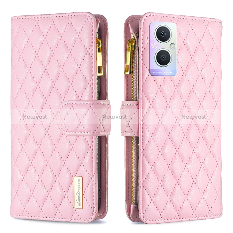 Leather Case Stands Flip Cover Holder B12F for Oppo Reno8 Lite 5G Rose Gold