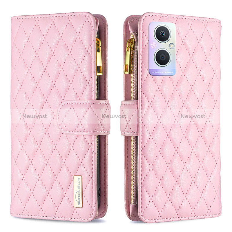 Leather Case Stands Flip Cover Holder B12F for Oppo Reno8 Z 5G Rose Gold