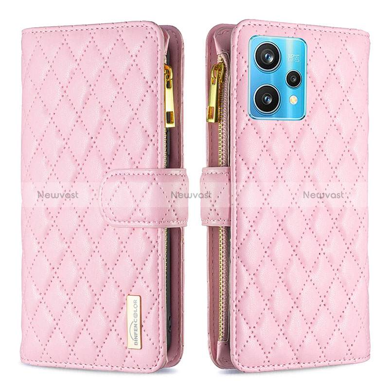 Leather Case Stands Flip Cover Holder B12F for Realme 9 Pro+ Plus 5G Rose Gold