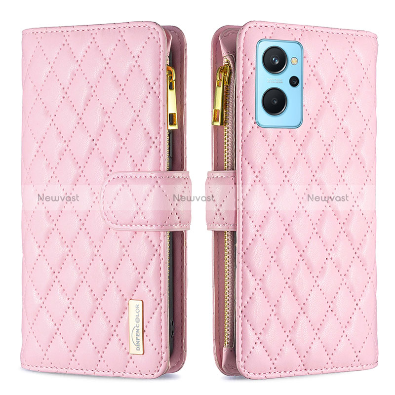 Leather Case Stands Flip Cover Holder B12F for Realme 9i 4G Rose Gold