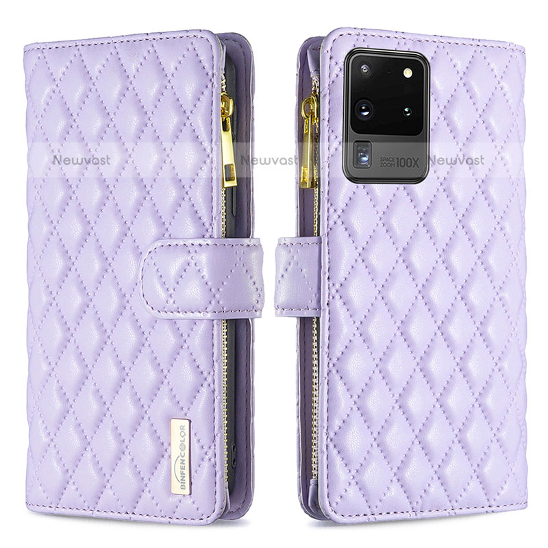 Leather Case Stands Flip Cover Holder B12F for Samsung Galaxy S20 Ultra 5G Purple