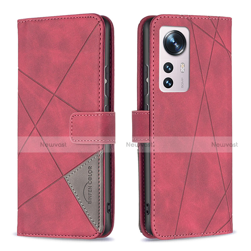 Leather Case Stands Flip Cover Holder B12F for Xiaomi Mi 12 5G Red