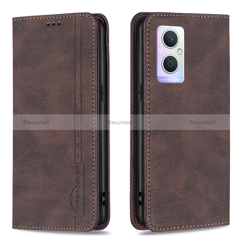Leather Case Stands Flip Cover Holder B15F for Oppo Reno7 Lite 5G Brown