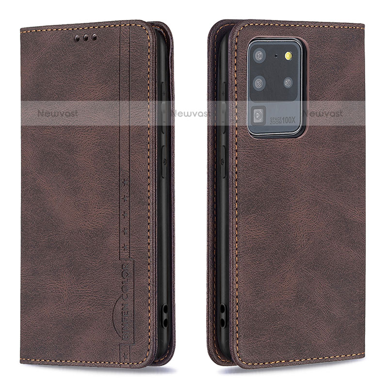 Leather Case Stands Flip Cover Holder B15F for Samsung Galaxy S20 Ultra 5G Brown