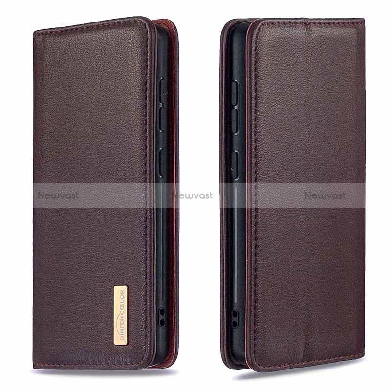 Leather Case Stands Flip Cover Holder B17F for Samsung Galaxy A21 Brown