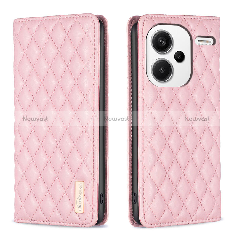 Leather Case Stands Flip Cover Holder B19F for Xiaomi Redmi Note 13 Pro+ Plus 5G Rose Gold