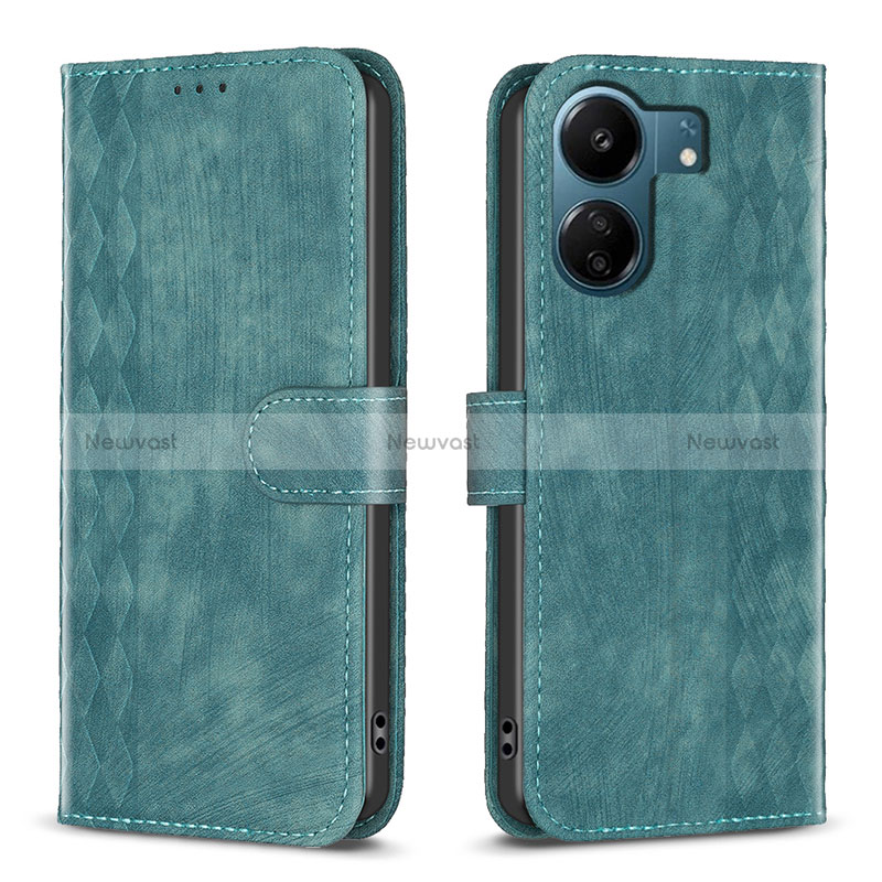 Leather Case Stands Flip Cover Holder B21F for Xiaomi Redmi 13C Green