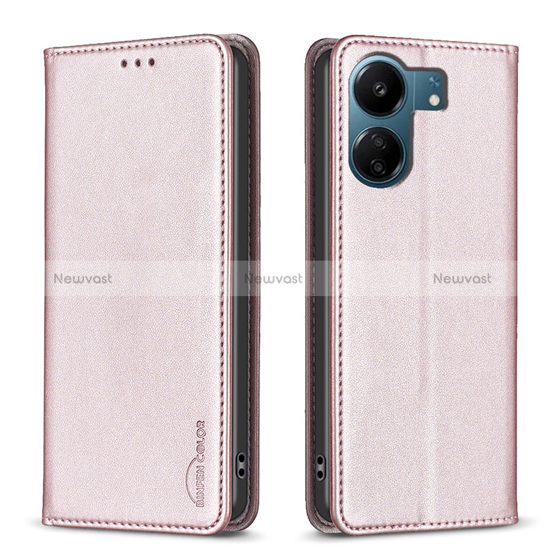 Leather Case Stands Flip Cover Holder B22F for Xiaomi Redmi 13C Rose Gold