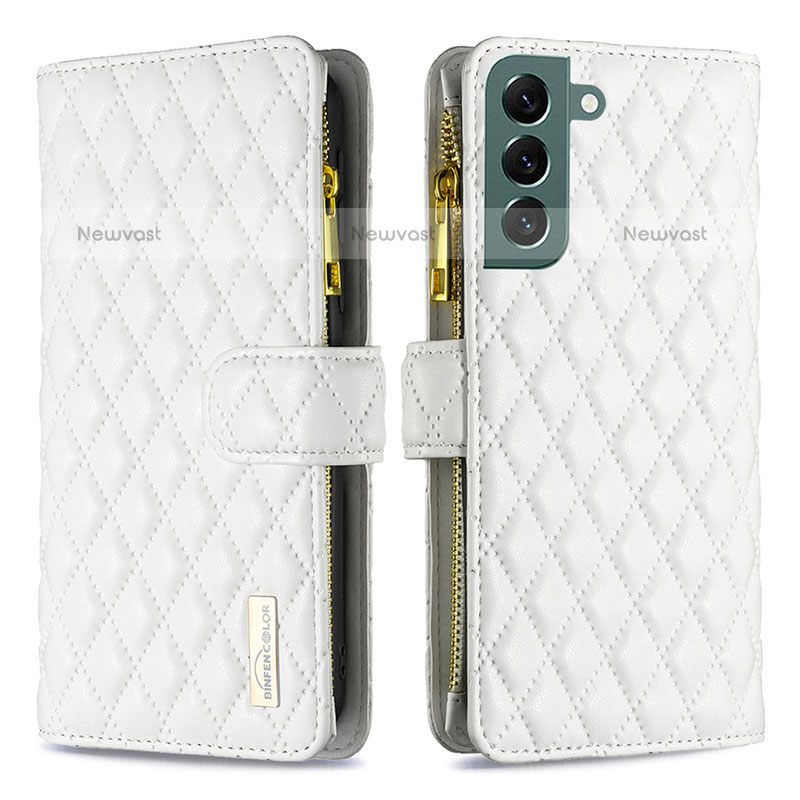 Leather Case Stands Flip Cover Holder BF1 for Samsung Galaxy S22 5G White