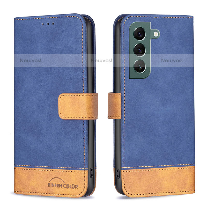 Leather Case Stands Flip Cover Holder BF2 for Samsung Galaxy S22 5G Blue